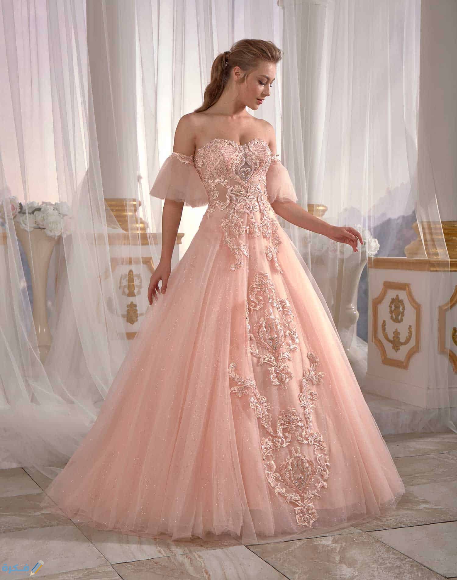 prom dresses online Pale Yellowish Pink Evening Dress Tulle on Pearl Applique Needle Thread embroidered Cold Shoulder 2