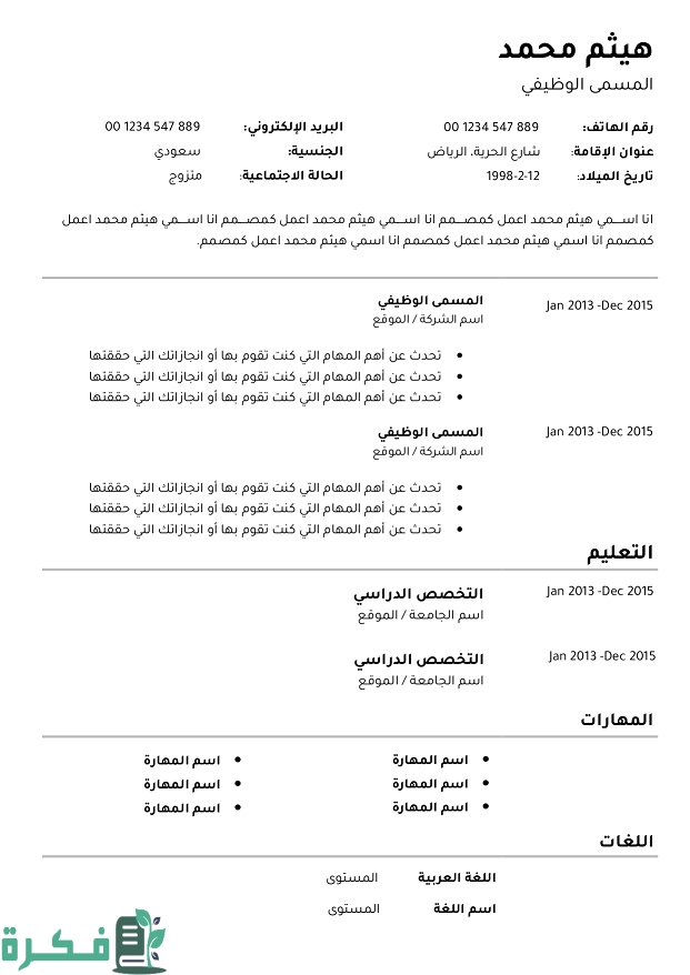 نموذج سيرة ذاتية جاهز للتعبئة
