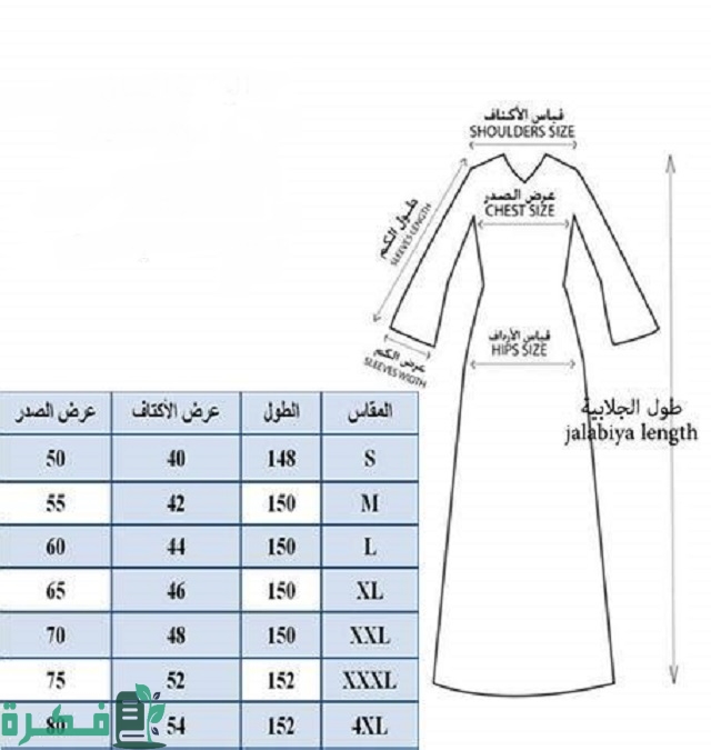 جدول مقاسات الملابس الجاهزة