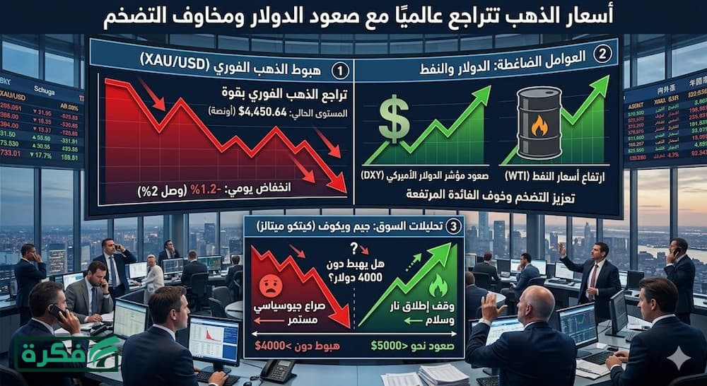 أسعار الذهب تتراجع بقوة عالميًا مع صعود الدولار وارتقاع أسعار النفط وتزايد مخاوف التضخم